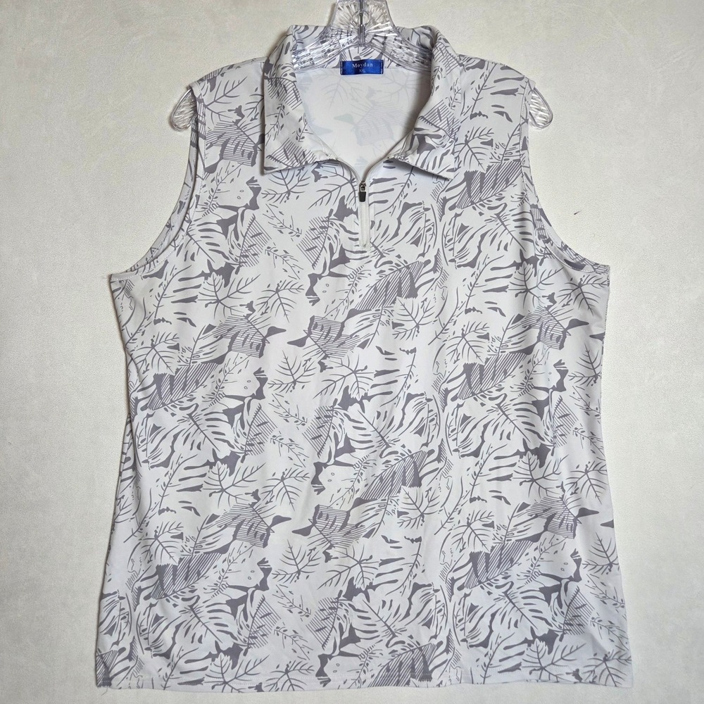 Moydan Womens XXL Sleeveless Golf Polo Shirt Leaf Print Zip Tennis Pickleball